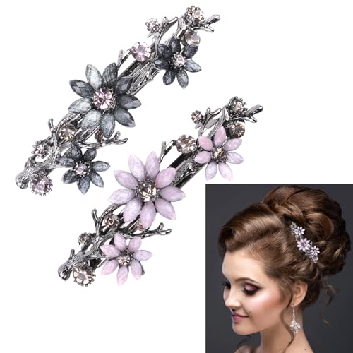 Haarspangen Damen, Haarspangen Mädchen, 2 Stück Haarspangen Set, Vintage Strasssteine Metall Glitzer Haarspangen, Elegante Daisy Automatische Haarschmuck für Frauen Mädchen(Rosa und Dunkelblau) von Svalor