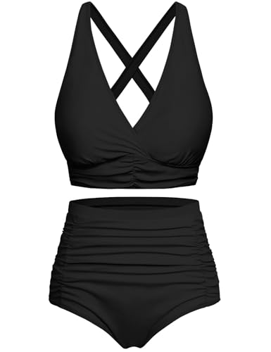 Svanco Bikini Damen Set Bauchweg High Waist Badeanzug Push Up Bademode Lace Up V Ausschnitt Blumenmuster Zweiteiliger Swimsuit mit Bindegürtel von Svanco