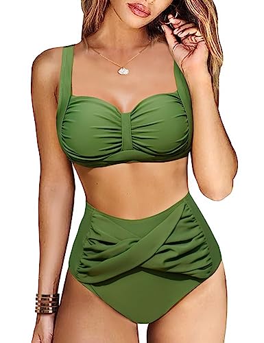 Svanco Bikini Damen Set Triangel Badeanzug Zweiteiliger Bademode Einstellbar Bikinioberteil High Waist Bikinihose Push Up Swimsuit 2 Piece Bikini Set(Grün,M) von Svanco