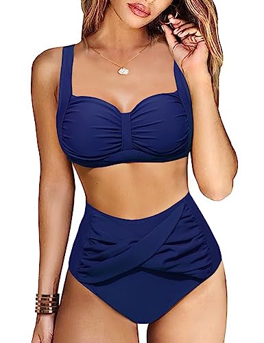 Svanco Bikini Damen Set Triangel Badeanzug Zweiteiliger Bademode Einstellbar Bikinioberteil High Waist Bikinihose Push Up Swimsuit 2 Piece Bikini Set(Navy blau,L) von Svanco