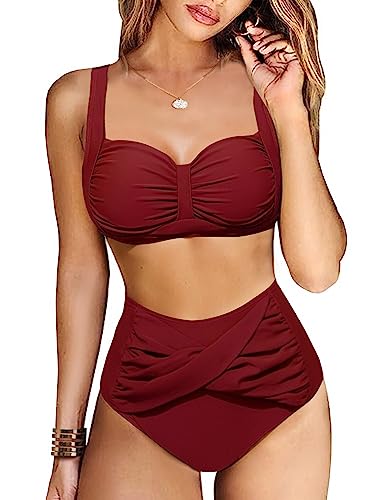 Svanco Bikini Damen Set Triangel Badeanzug Zweiteiliger Bademode Einstellbar Bikinioberteil High Waist Bikinihose Push Up Swimsuit 2 Piece Bikini Set(Rotwein,L) von Svanco