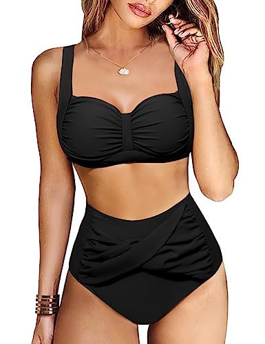 Svanco Bikini Damen Set Triangel Badeanzug Zweiteiliger Bademode Einstellbar Bikinioberteil High Waist Bikinihose Push Up Swimsuit 2 Piece Bikini Set(Schwarz,L) von Svanco