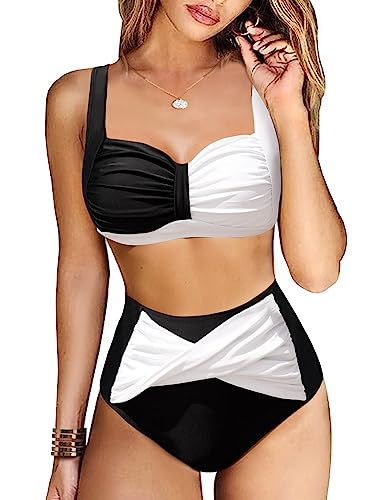 Svanco Bikini Damen Set Triangel Badeanzug Zweiteiliger Bademode Einstellbar Bikinioberteil High Waist Bikinihose Push Up Swimsuit 2 Piece Bikini Set(Schwarz/Weiß,L) von Svanco