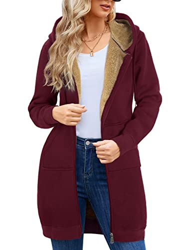 Svanco Damen Hoodie Kapuzenpullover Sweatshirt Langarm Pullover Langen Mantel Jacke Tops Outwear für Herbst und Winterr Classics Causal Zipper Fleece Extra Lang 2 Taschen(Rot,L) von Svanco