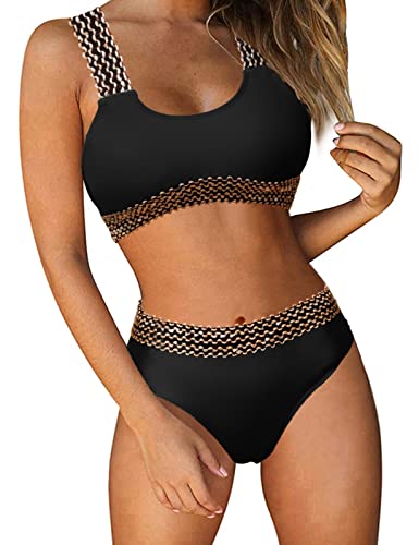 Svanco Zweiteiliger Badeanzug Damen Bikini Set Push Up Strandbikini Verstellbar Crossover Zurück Ties-up Bikini Set Sport Bademode Bikinioberteil Tank Bikini(A-Schwarz,S) von Svanco