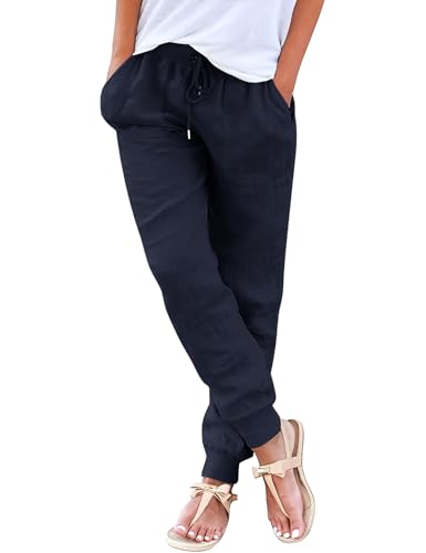 Svanco Leinenhose Damen Sommer Leicht Luftig Stoffhose Viskose Musselin Hose Lockere Stretch Sommerhose mit Kordelzug und Taschen von Svanco