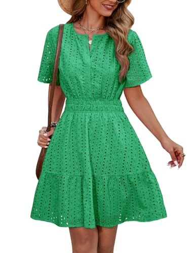 Svanco Sommerkleid Damen Baumwolle Kurzärmelige A-Linien Kleid Knielang Freizeitkleid Elegant V-Ausschnitt Midikleid für Frühling und Sommer von Svanco