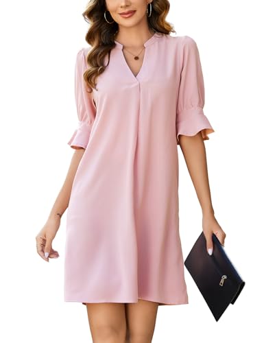 Svanco Sommerkleid Damen Knielang Elegant Leicht Blusenkleid V-Ausschnitt Rüschen Hemdkleid Sommer Casual Einfarbig Halbarm Tunika Kleid (Rose,M) von Svanco