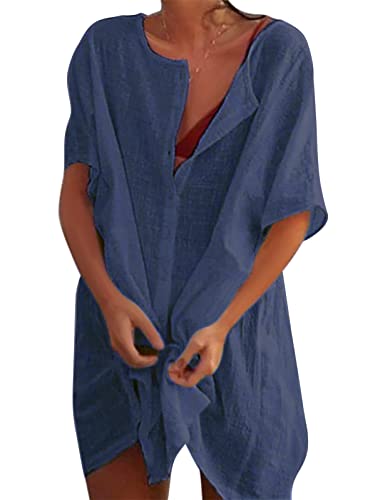 Svanco Strandkleid Damen Bikini Cover Up Strandponcho Damen Sommer Cardigan mit Rund Ausschnitt Pareos Sommerkleid Bademode Strand Vertuschen Kurzarm Beach Shirt Blusen(Navy blau,L) von Svanco