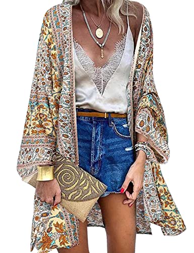 Svanco Strandkleid Damen Sommer Pareo Strandtunika Cardigan Lang Kimono Blumendruck Strandponcho Boho Bikini Cover Up Beachwear Strand Abdeckung up Leichter Rayon(Beige,XXL) von Svanco