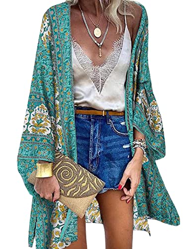 Svanco Strandkleid Damen Sommer Pareo Strandtunika Cardigan Lang Kimono Blumendruck Strandponcho Boho Bikini Cover Up Beachwear Strand Abdeckung up Leichter Rayon(grün,M) von Svanco