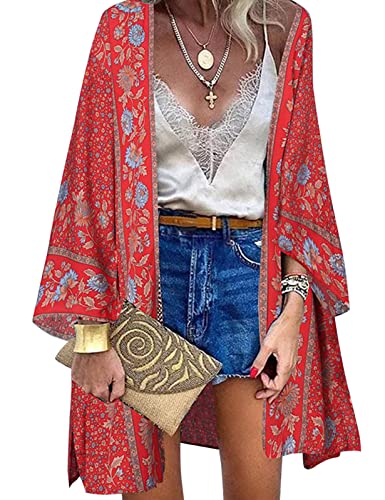 Svanco Strandkleid Damen Sommer Pareo Strandtunika Cardigan Lang Kimono Blumendruck Strandponcho Boho Bikini Cover Up Beachwear Strand Abdeckung up Leichter Rayon(rot,L) von Svanco