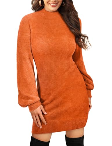 Svanco Strickkleider Damen Pulloverkleid Elegant Minikleid Puff Ärmel Langarm Warme Winterkleider Einfarbige Herbstkleid mit Rundkragen(Orange,L) von Svanco