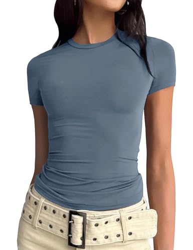 Svanco T Shirt Damen Basic Kurzarm Crop Top Y2K Slim Enges Oberteile Casual Stretch Tshirt mit Hoher Rundhalsausschnitt von Svanco