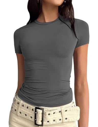 Svanco T Shirt Damen Basic Kurzarm Crop Top Y2K Slim Enges Oberteile Casual Stretch Tshirt mit Hoher Rundhalsausschnitt von Svanco