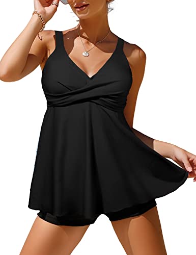 Svanco Tankini Damen Badeanzug Bauchweg Badekleid Push up Bademoden Zweiteiliger Swimsuits Baderock mit Gepolstert Oberteile und Shorts mit Gepolstert Drucken Bikini(Schwarz,L) von Svanco