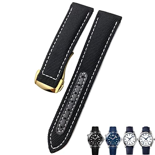 Svapo 19mm 20mm gewebtes Nylon-Uhrenarmband Schwarz Blau Faltschließe Leder-Uhrenarmbänder für Omega AT150 AQUA TERRA Seamaster Tissot(Black white gold,20mm) von Svapo