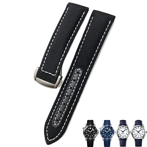 Svapo 19mm 20mm gewebtes Nylon-Uhrenarmband Schwarz Blau Faltschließe Leder-Uhrenarmbänder für Omega AT150 AQUA TERRA Seamaster Tissot(Black white silver,21mm) von Svapo