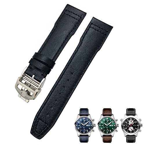 Svapo 20 mm 21 mm Rindsleder-Armband, geeignet für IWC-Fliegeruhren, Portugieser-Armbänder, Mark 18, weiches blaues Armband(Black Black Folding,20mm) von Svapo
