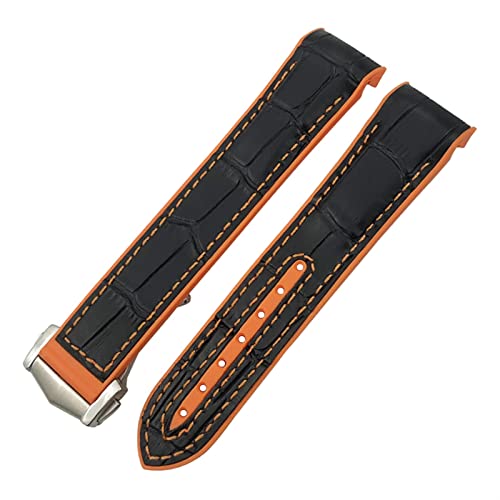 Svapo Für Omega Planet Ocean Seamaster Diver 300 Spitzverschluss Uhrenarmband Silikonkautschuk Nylon Leder Uhrenarmband 19 20mm 22 21mm Uhrenarmbänder(Black orange leather,19mm) von Svapo