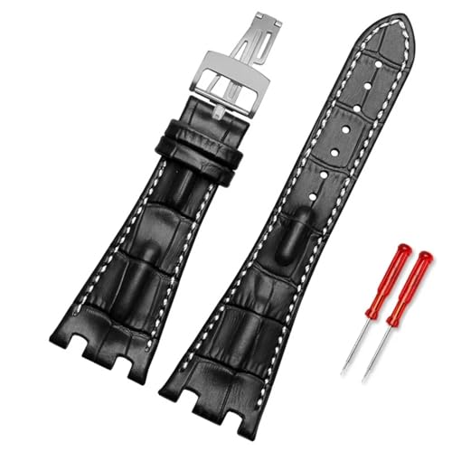 Svapo Leder-Uhrenarmband für Herren, geeignet für AP Abbey Royal Oak AP15710 15703, Leder-Uhrenkette mit Kerbe, 28 mm(Black white,Silver Buckle) von Svapo