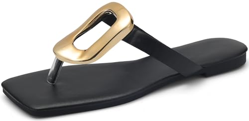 Flache Damen-Sandalen, Leder, bequeme Flip-Flops, Slide, Sommer, Strandschuhe mit Metallverzierung, Schwarz, 35 EU von Sviakl
