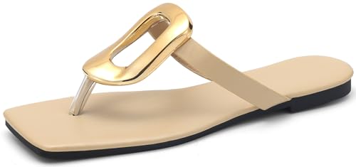 Flache Damen-Sandalen, Leder, bequeme Flip-Flops, Slide, Sommer, Strandschuhe mit Metallverzierung, aprikose, 37.5 EU von Sviakl