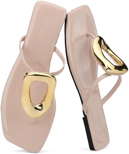 Flache Damen-Sandalen, quadratisch, bequem, Flip-Flops, Slide, Sommer, Strandschuhe mit Metallverzierung, Apricot1, 38.5 EU Flache Damen-Sandalen, quadratisch, bequem, Flip-Flops, Slide, Sommer, Strandschuhe mit Metallverzierung, Apricot1, 38.5 EU von Sviakl