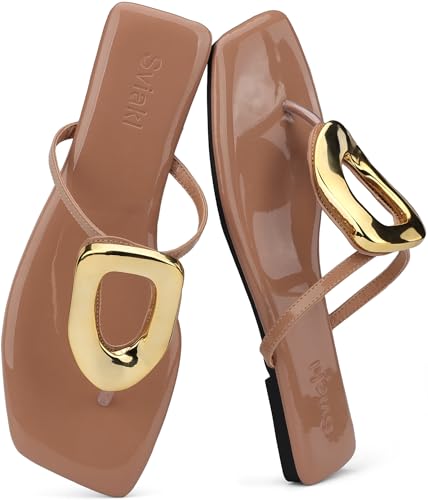 Flache Damen-Sandalen, quadratisch, bequem, Flip-Flops, Slide, Sommer, Strandschuhe mit Metallverzierung, Khaki, 37.5 EU von Sviakl