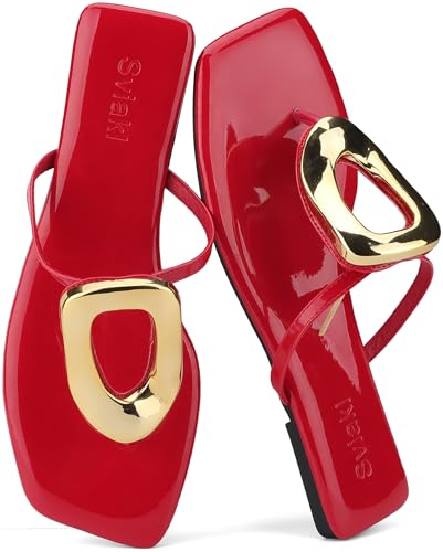Flache Damen-Sandalen, quadratisch, bequem, Flip-Flops, Slide, Sommer, Strandschuhe mit Metallverzierung, Rot/Ausflug, einfarbig (Getaway Solids), 39 EU von Sviakl