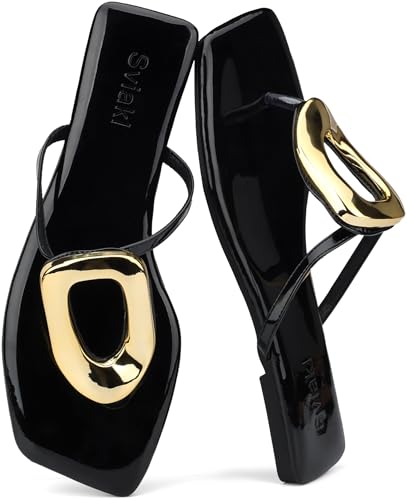 Flache Damen-Sandalen, quadratisch, bequem, Flip-Flops, Slide, Sommer, Strandschuhe mit Metallverzierung, Schwarz1, 35 EU von Sviakl