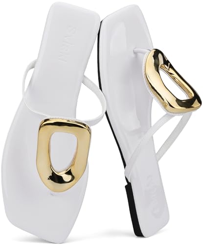 Flache Damen-Sandalen, quadratisch, bequem, Flip-Flops, Slide, Sommer, Strandschuhe mit Metallverzierung, Weiss/opulenter Garten, 36 EU von Sviakl
