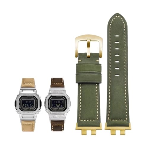 Echtes Leder-Uhrenarmband, passend for G-SHOCK, passend for Casio GMW-B5000, kleiner silberner Steg, weiches, bequemes Uhrenarmband-Zubehör for Herren, 22 mm(Color:Army Green-Gold-K2) von Svincoter
