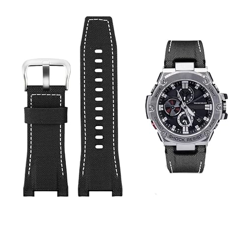 Herren-Uhrenarmband aus Canvas-Leder, 26 mm, passend for Uhrenzubehör der Serie for Casio GST-B100 S130 W300GL 400G W330 GST-W120L s120 W130L S100 (Color : Black white canvas, Size : 26mm) von Svincoter