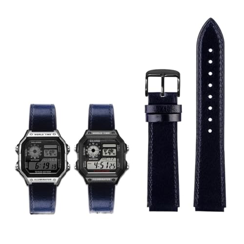 Passend for Casio G-Shock AE-1200WH/1300/1000/A159/A158 AQ-S810W MRW-200H. Band aus echtem Leder, Herren-Retro-Armband, 18 mm (Color : Blue Black pin, Size : 18mm) von Svincoter