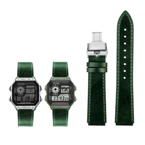Passend for Casio G-Shock AE-1200WH/1300/1000/A159/A158 AQ-S810W MRW-200H. Band aus echtem Leder, Herren-Retro-Armband, 18 mm (Color : Green silver B, Size : 18mm) von Svincoter