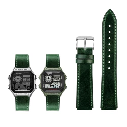 Passend for Casio G-Shock AE-1200WH/1300/1000/A159/A158 AQ-S810W MRW-200H. Band aus echtem Leder, Herren-Retro-Armband, 18 mm (Color : Green silver pin, Size : 18mm) von Svincoter