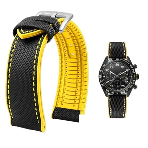 Svincoter 19–24 mm wasserdichtes Uhrenarmband aus Canvas und Nylonkautschuk for Herren, passend for Breitling/Omega/IWC/Citizen/TUDOR/Hamilton(Black Yellow silverA,21mm) von Svincoter