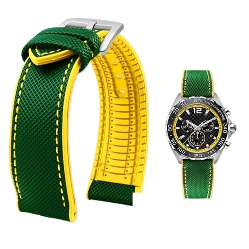 Svincoter 19–24 mm wasserdichtes Uhrenarmband aus Canvas und Nylonkautschuk for Herren, passend for Breitling/Omega/IWC/Citizen/TUDOR/Hamilton(Green Yellow silverA,20mm) von Svincoter