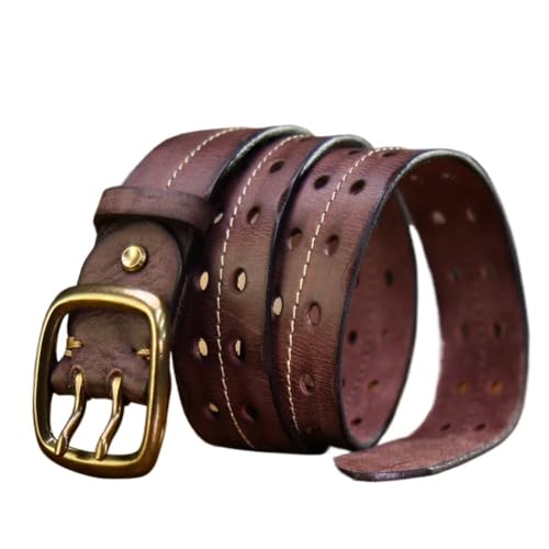 Svincoter 3,8 cm Retro Distressed Massivkupfer Schnalle Aushöhlen Echtleder Handgefertigter Stichgürtel(105CM_Coffee) von Svincoter