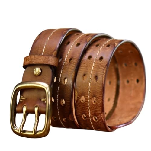 Svincoter 3,8 cm Retro Distressed Massivkupfer Schnalle Aushöhlen Echtleder Handgefertigter Stichgürtel(115CM_Camel) von Svincoter