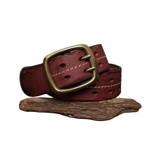 Svincoter 3,8 cm Retro Distressed Massivkupfer Schnalle Aushöhlen Echtleder Handgefertigter Stichgürtel(115CM_Dark Red) von Svincoter