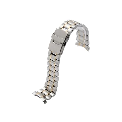 Svincoter Uhrenarmband mit gebogenem Ende, 18 mm, 20 mm, 22 mm, 24 mm, Ersatz-Uhrenarmband, Doppelverschluss-Verschluss, Edelstahl-Armband mit Werkzeug (Color : Silver Gold, Size : 18mm) von Svincoter