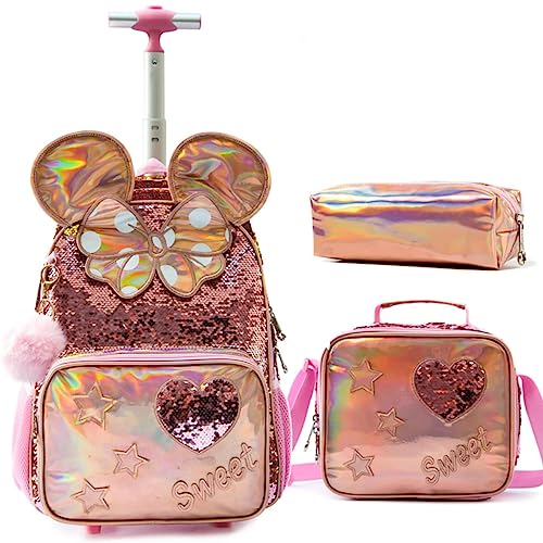 3PC Schultaschen für Mädchen mit Rädern Tasche Pailletten Cartoon Nette Kinder Gepäck Trolley Fahrt auf Gepäck für Kinder, gold von SvriTe