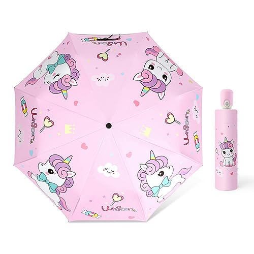 SvriTe Kinder Regenschirm Kinder Automatischer Regenschirm Regen Kinder Schöne Einhorn Faltschirme Winddicht Schwarze Beschichtung Anti UV Sonnenschirm Mädchen Junge, Rosa, Einhorn von SvriTe