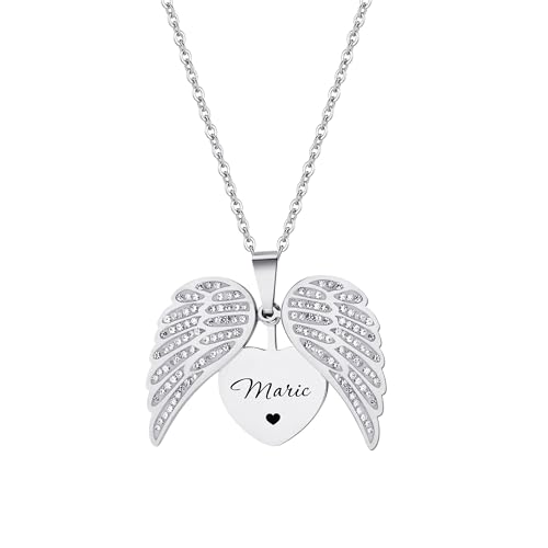 Svyqwmz Benutzerdefinierte Engelsflügel Halskette Personalisierte Gravierte Name Halskette Herz Medaillon Paare Gedenkschmuck Geschenk für Frauen Männer von Svyqwmz