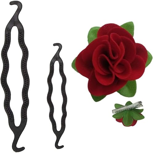 Swadeshi Desire Haarknotenmacher (schwarz), 2 Stück mit Stoff rote Rose Blume Haarspange Haarschmuck für Mädchen/Frauen von Swadeshi Desire