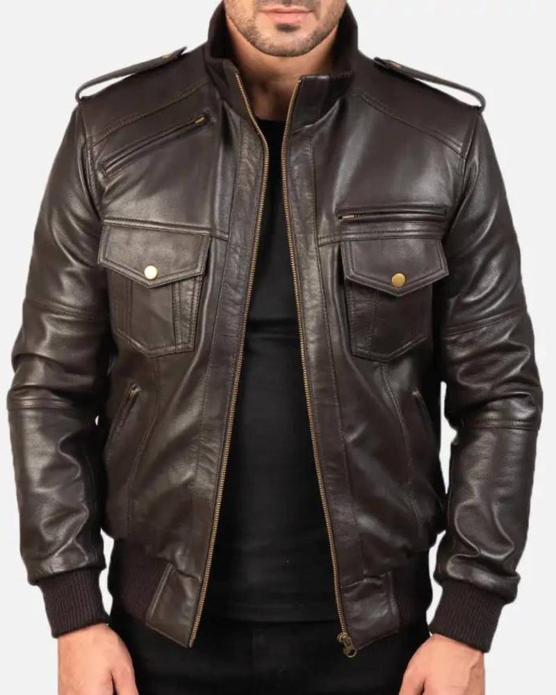 Men Agent Shadow Leather Bomber Jacket, Biker Jacket von SwaggeroutfitsStore