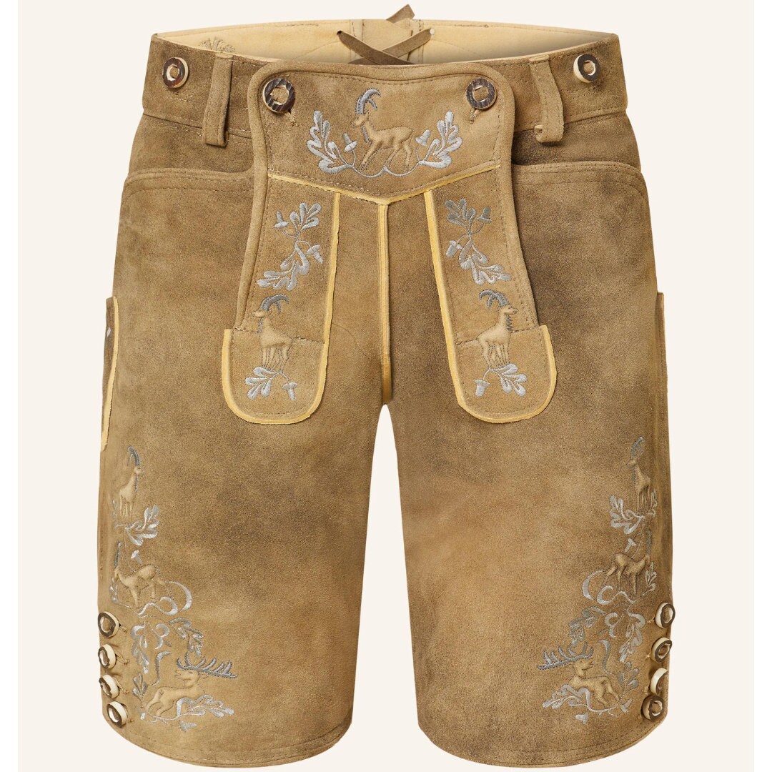 Oktoberfest Trachtenlederhose - Wildleben Khaki Embroidered Bavarian Leather Shorts For Men, Traditional Outfit von SwaggeroutfitsStore