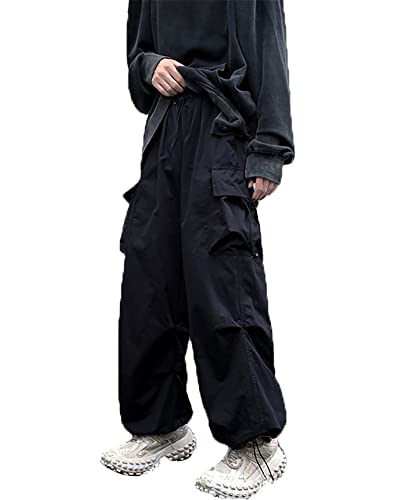 Swahugh Cargohose für Herren, Fallschirmhose, elastische Taille, Pattentaschen, Hip-Hop, Baggy, Haremshose, leicht, Schwarz, XXL von Swahugh